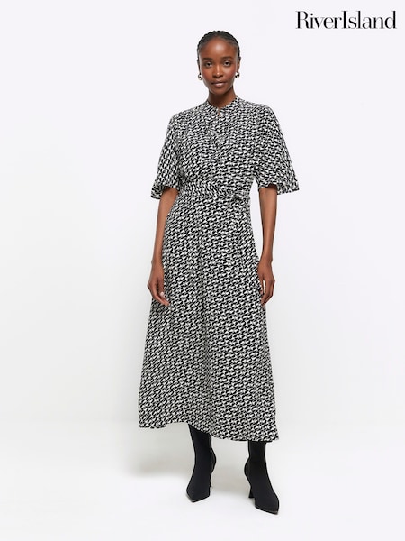 River Island Black Printed Belted Button Shirt Dress (901083) | €21