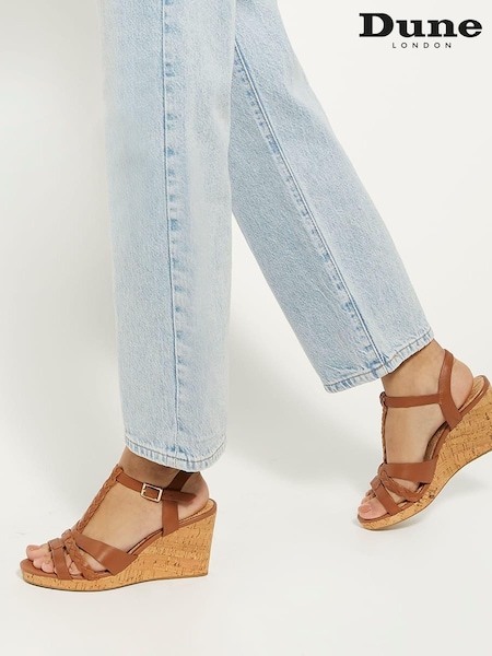 Dune London Brown Standard Fit Koala Plait T-Bar Strap Cork Wedge Heels (901295) | $127