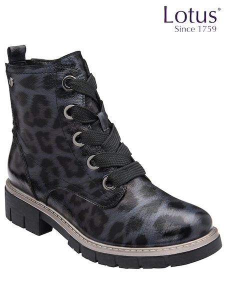 Animal Print - Lotus Patent Lace-up Ankle Boots