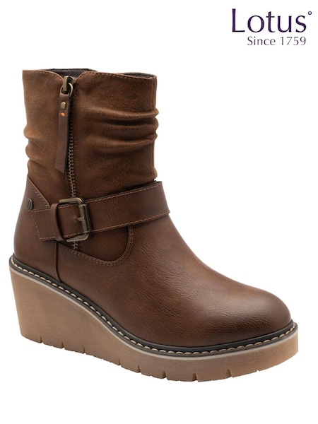 Brown - Lotus Wedge Ankle Boots