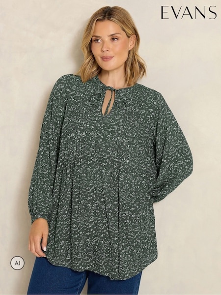 Green - Evans Ditsy Tie Neck Blouse