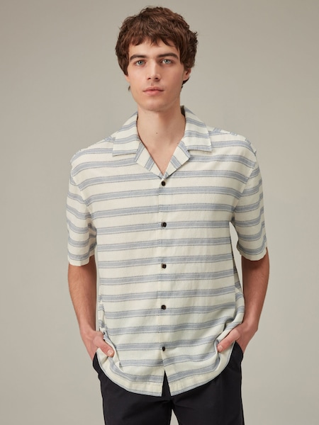 Alb/Albastru - Linen Blend Horizontal Stripe Shirt with Cuban Collar (901825) | 119 LEI