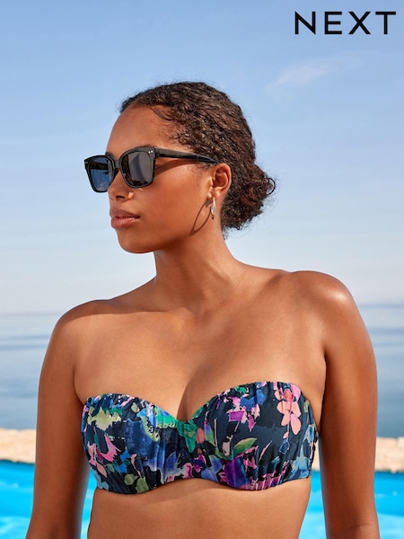 Navy Floral Ruched Shaping Wired Bandeau Bikini Top (901975) | AED20