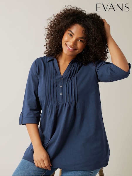 Blue - Evans Pintuck Slub Henley Top