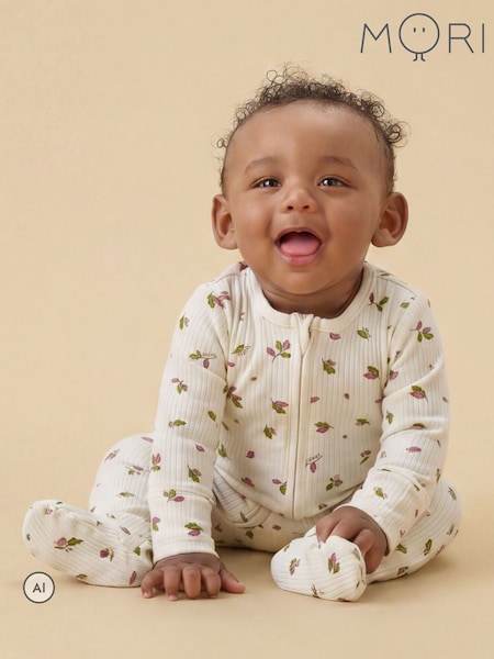 乳白色 - Mori Supersoft Autumn Leaves Ribbed Two Way Zip Up Sleepsuit