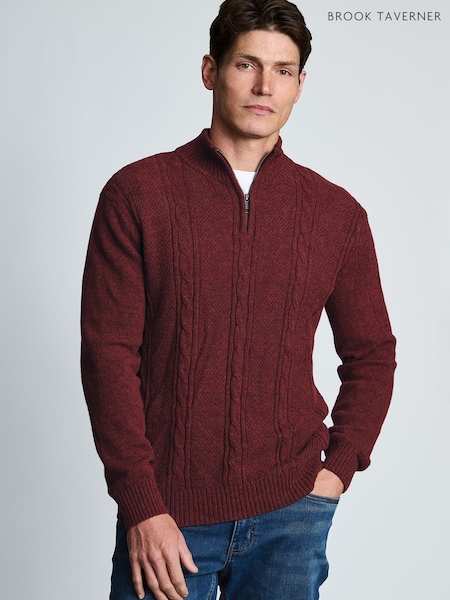 Red - Regular Brook Taverner Cable Lambswool Blend Quarter Zip Jumper