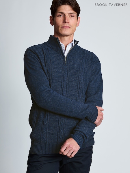 Blue - Regular Brook Taverner Cable Lambswool Blend Quarter Zip Jumper