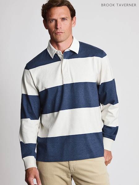 Blue - Regular Brook Taverner Melange Stripe Cotton Rugby Shirt