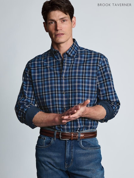 Albastru - Regular Brook Taverner Herringbone Tonal Check Cotton Shirt