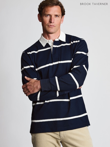 Blue - Regular Brook Taverner Block Stripe Cotton Rugby Shirt