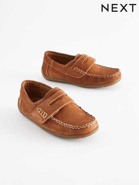 Tan Brown Wide Fit (G) Leather Penny Loafers with Touch and Close Fastening (903538) | 129 QAR - 148 QAR