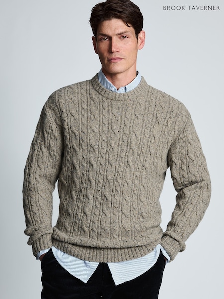 Luonnollinen - Regular Brook Taverner Nep Cable Knit Lambswool Blend Crew Neck Jumper