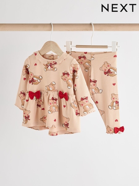 Beige/Red Check Bear Baby Long Sleeve Frill Top And Leggings Set (904460) | AED42 - AED49