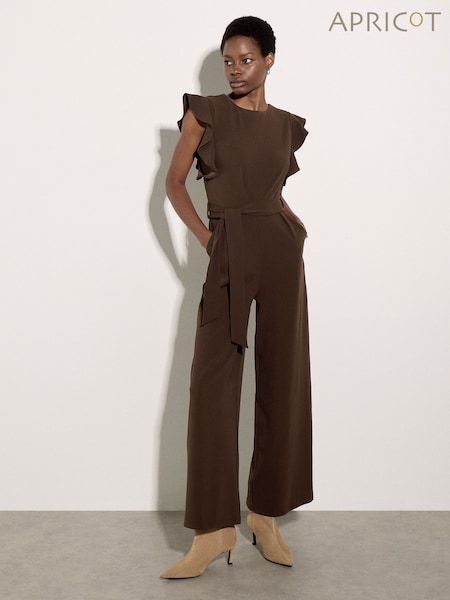 Brown - Apricot Ruffle Sleeve Pleat Detail Jumpsuit