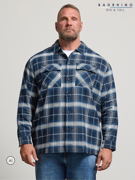 蓝色 - Regular Badrhino Big & Tall Check Overshirt