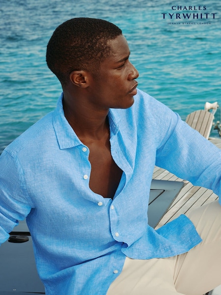 Sky Blue - Regular Charles Tyrwhitt Plain Pure Linen Long Sleeve Shirt