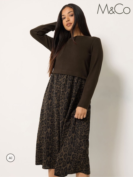 브라운 - M&co Petite Animal Print 2 In 1 Midi Dress
