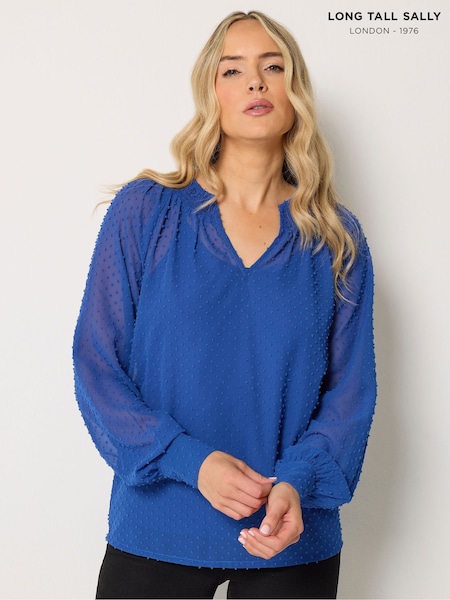 Blue - Long Tall Sally Dobby Shirred Blouse