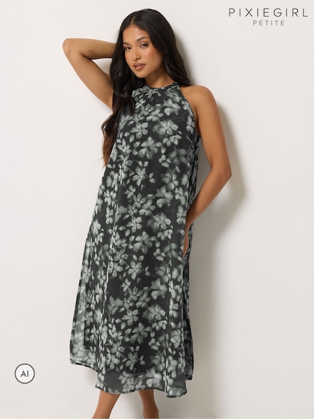 Black - Pixiegirl Petite Blurred Floral Halter Midi Dress