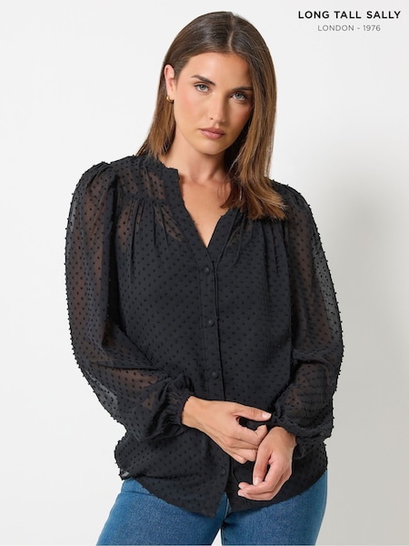Black - Long Tall Sally Dobby Button Through Blouse