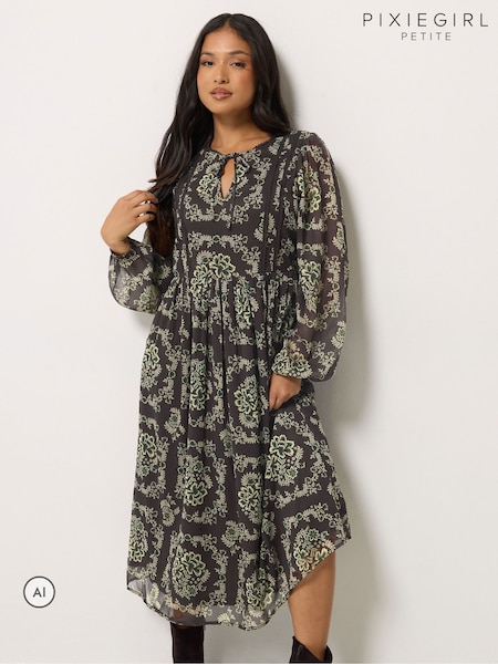 أسود - Pixiegirl Petite Floral Tie Neck Tiered Midi Dress