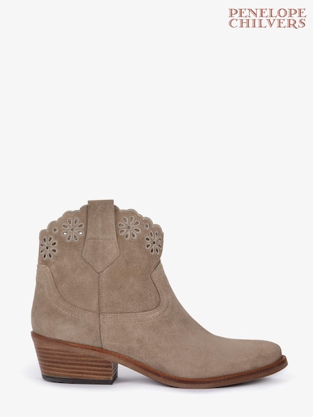 Penelope Chilvers Cream Cali Broderie Suede Cowboy Boots (905706) | €198