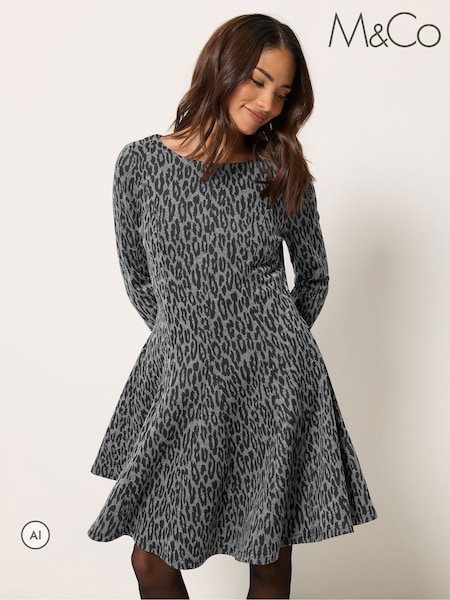 Grey - M&co Petite Animal Fit & Flare Dress