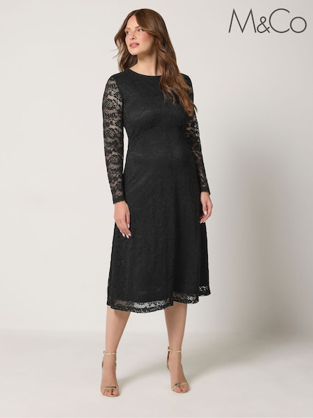 Черный - M&co Lace Long Sleeve Midi Dress