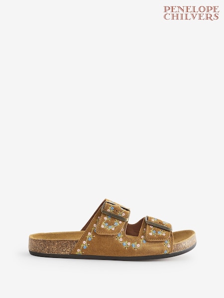 Pool Suede Embroidery Brown Slides (905888) | €103