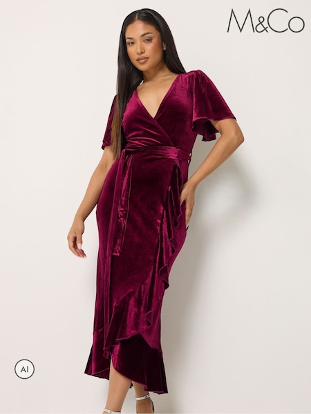 Red - M&co Petite Velvet Wrap Ruffle Dress