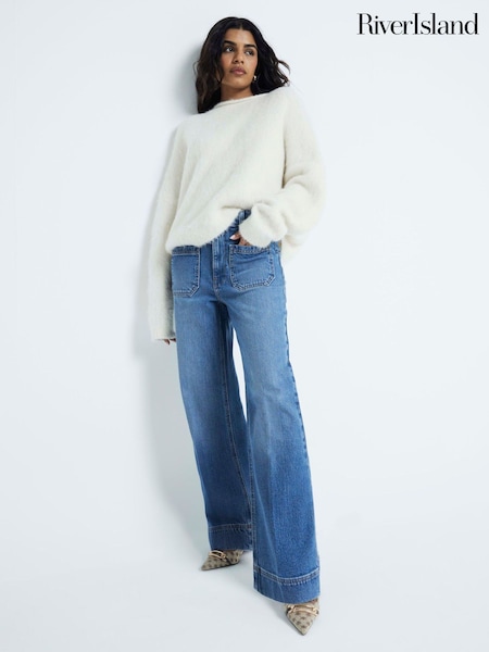 River Island Blue Light High Waisted Pocket Front Wide Leg Jeans (906485) | €82