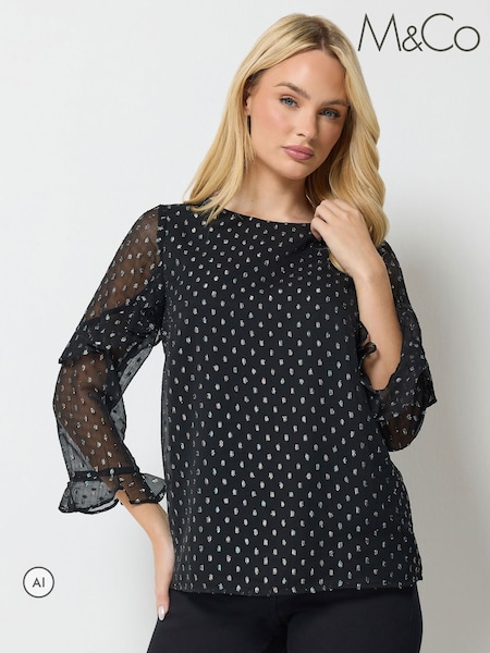 Svart - M&co Metallic Dobby Ruffle Sleeve Blouse
