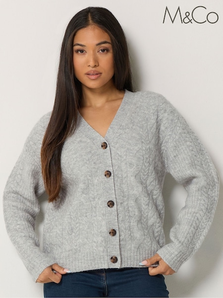 Grå - M&co Petite Cable Knit V-neck Cardigan