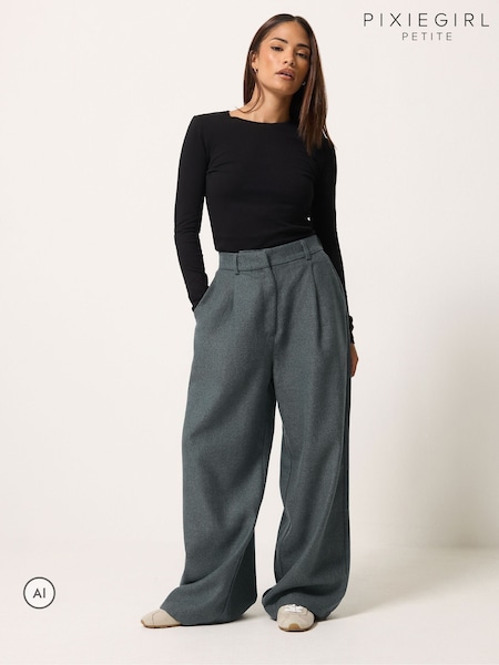 Grey - Pixiegirl Petite Herringbone Wide Leg Trousers
