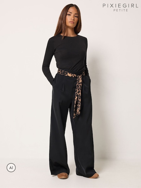 Black - Pixiegirl Petite Scarf Belt Wide Leg Trousers