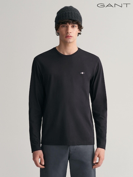 GANT Black Regular Fit Shield Logo Long Sleeve 100% Cotton T-Shirt (907378) | €33