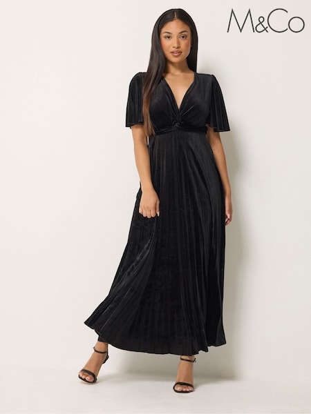 أسود - M&co Petite Velvet Twist Front Pleated Dress