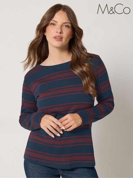 Blau - M&co Stripe Long Sleeve Cotton Crew T-shirt