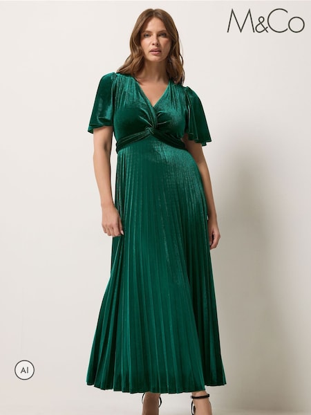 Green - M&co Velvet Twist Front Pleated Dress