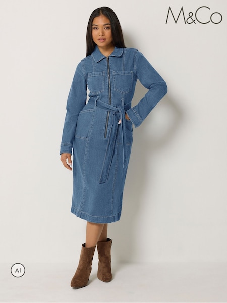 Μπλε - M&co Petite Cotton Half Zip Denim Dress