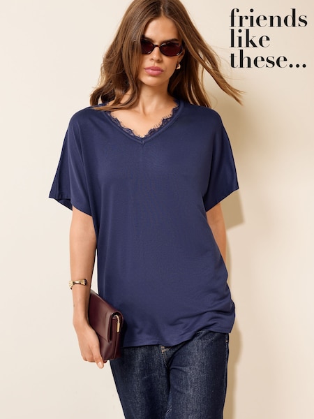 Navy - Friends Like These Lace Trim Short Sleeve Tunic