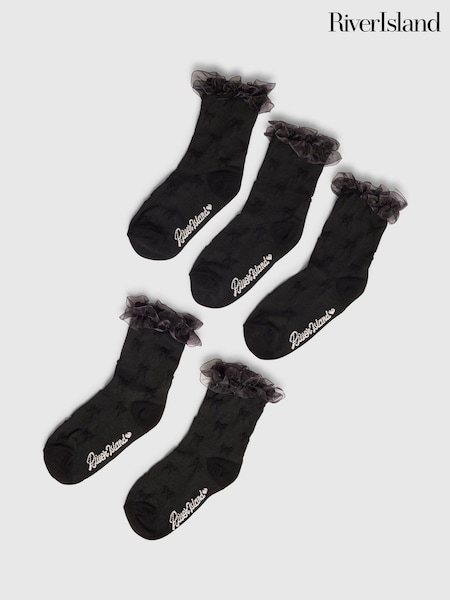 Black - River Island Organza Ankle Socks 5 Pack