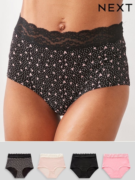 Sort/Pink Heart Print - Cotton And Lace Knickers 4 Pack (908944) | DKK180