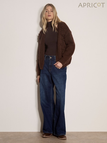 Brown - Apricot Rose Applique Chunky Knit Cardigan
