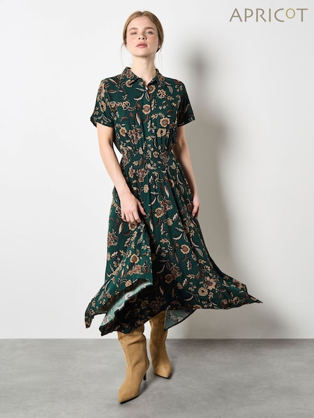 Green - Apricot Sarasa Floral Shirt Midi Dress