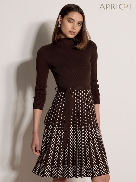 Maro - Apricot Ribbed Knit Polka Dot Midi Dress