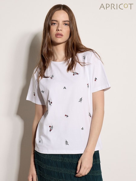 White - Apricot Floral Embroidered Cotton T-shirt