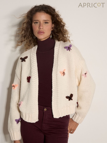 Crema - Cárdigan con estampado de mariposas de punto grueso de Apricot