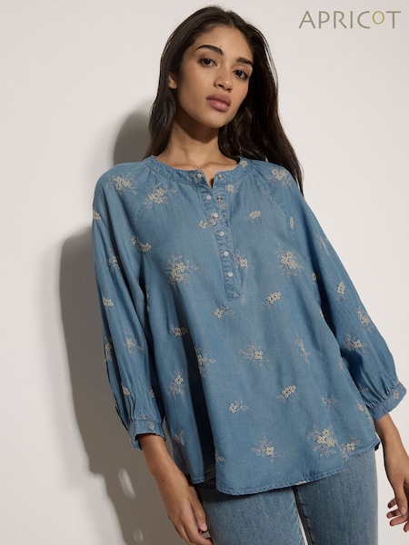 Blue - Apricot Floral Embroidered Denim Blouse