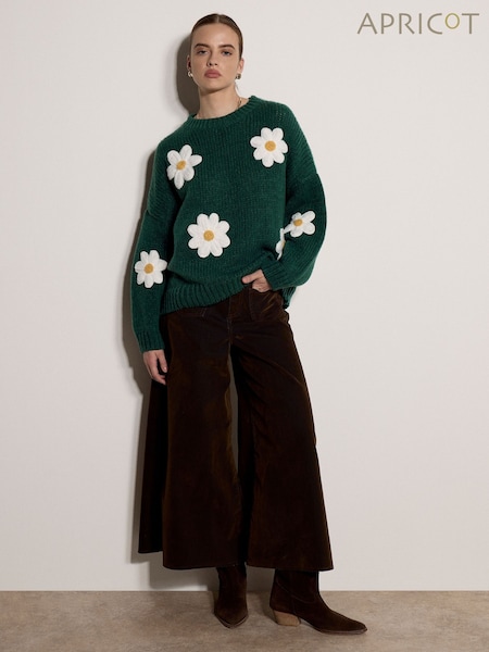 Green - Apricot Chunky Knit Flower Applique Jumper